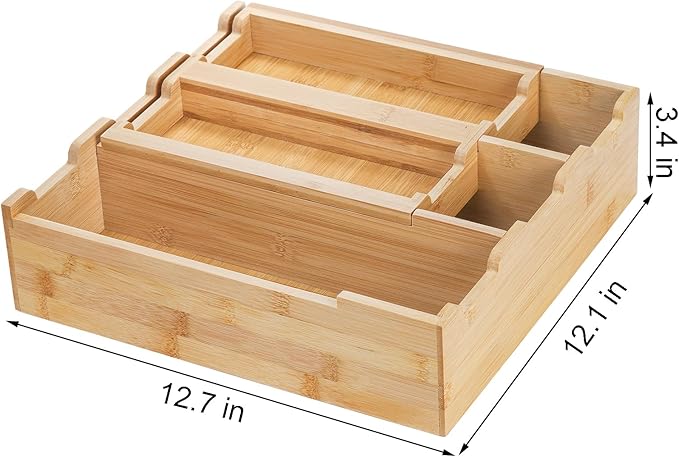 Okllen Bamboo Kitchen Drawer Organizer, Stackable 2-Tier Utensil Drawer Organizer Tray, Silverware Organizer Flatware Storage for Kitchen Cabinet, Pantry, Drawer, 5 Divided Compartments