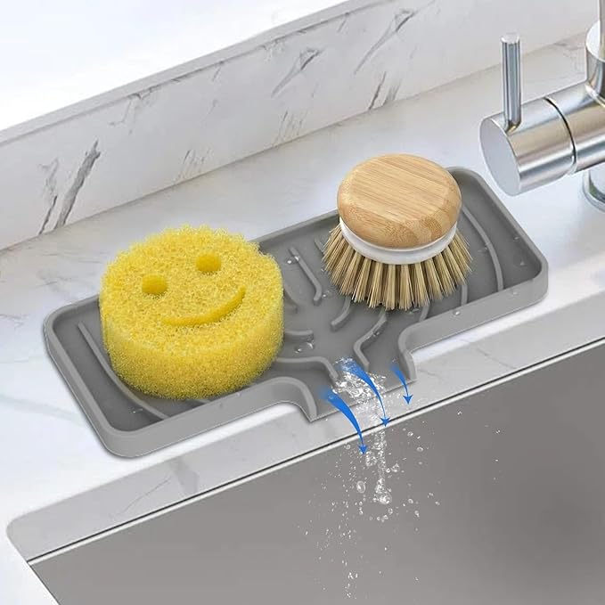 Silicone Sponge Holder for Kitchen Sink With Drain Spout, Self Draining, 10×4 inch Kitchen Soap Tray, Bathroom Organizer, Sink Caddy, Perfect for Dispenser, Scrubber, Bottle, Cup on Counter (Gray)