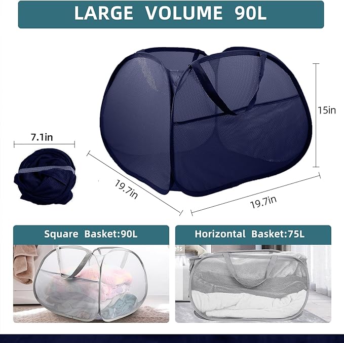 2 Pack Collapsible Foldable Laundry Baskets, 90L Large Durable Mesh Pop Up Hampers for Bedroom, Bathroom, Dorm, Laundry Room, Travel - Navy