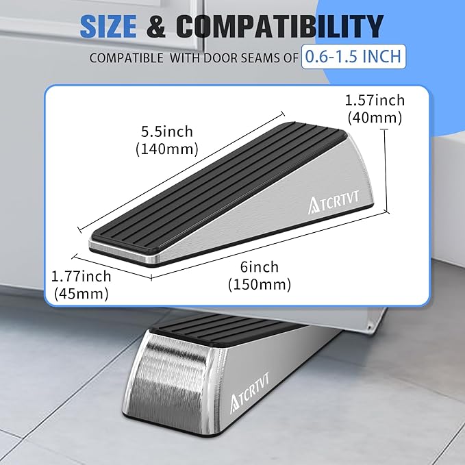 Heavy Duty Door Stopper Wedge - 2 Pack Big Size Door Stop Wedge Made of Aluminum Alloy Metal Suits Any Door, Any Floor with Set of 2 Plus Self-Adhesive Holder Satin Nickel Large Version