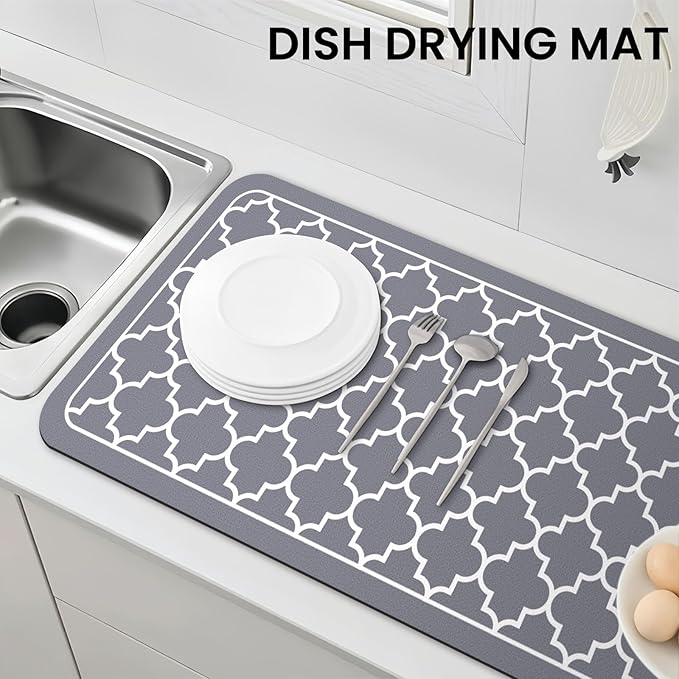 WISELIFE Dish Drying Mat Super Absorbent Drying Mat Large Dish Drying Mats for Kitchen Counter Easy Clean Dish Mat Kitchen Drying Mat18"x 36" Stylish Grey