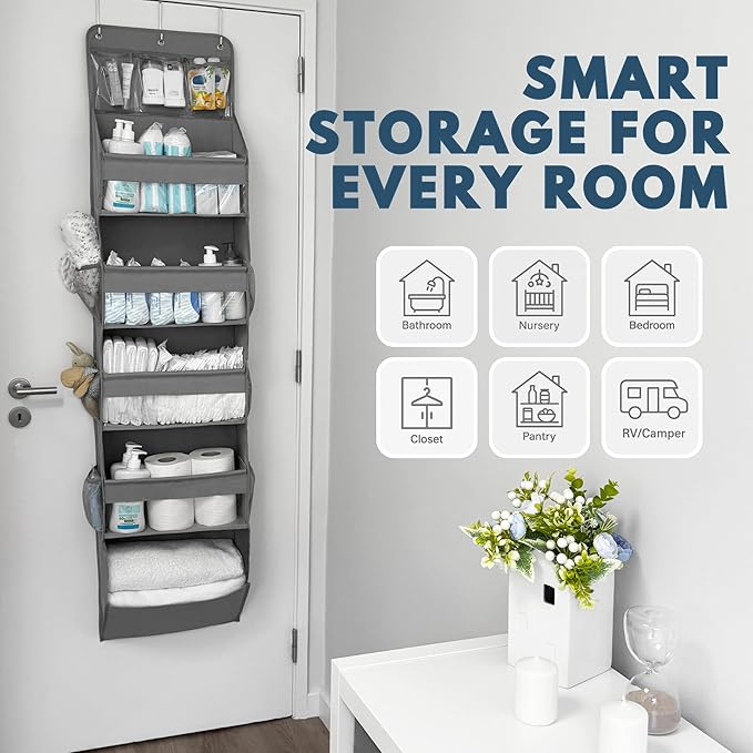 Over The Door Organizer Hanging with 5 Large & 6 Side Pockets 5 Tier Behind Door Storage 50 lbs for Closet, Nursery, Bathroom Door Organizer, 1 Pack, Grey