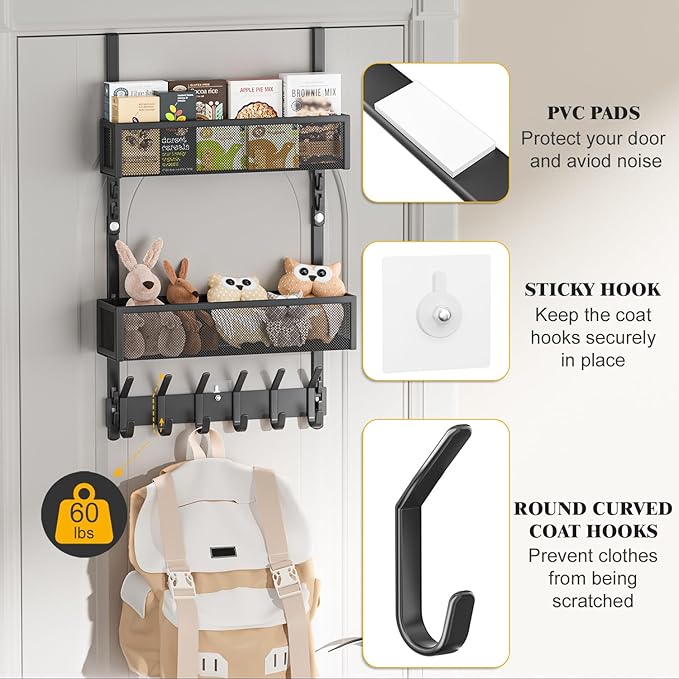 LUCYCAZ Adjustable Over The Door Hooks Organizer, Over The Door Towel Rack with 10 Coat Hooks & 2 Mesh Basket, Multi-Purpose Storage for Bathroom, Bedroom, Kitchen (Black)
