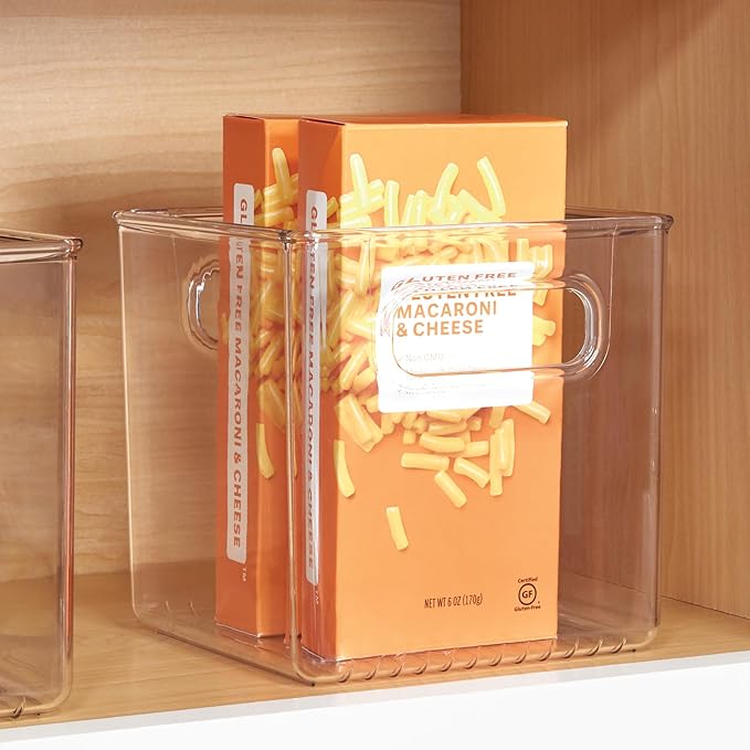 iDesign Pantry Storage Bins with Handles - Cube Organizer Bins for Cabinets or Fridge - Set of 4 - Clear