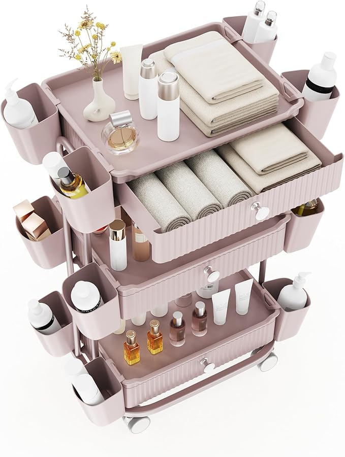 3 Tier Drawer Shelf Beauty Cart with 12 Movable Storage Organizer, Thickened Durable ABS, 360° Wheels for Salon Station for Hair Stylist, Beauty Salon, Spa Massage Parlor, Makeup Organizer - Pink