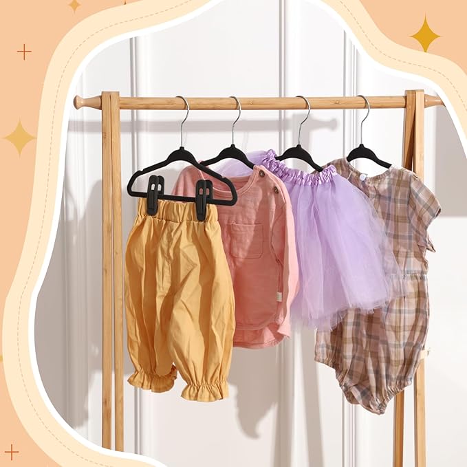 Soaoo 50 Pack Premium Baby Velvet Hangers with Adjustable 100 Clips, Non Slip 11 Inch Slim Kids Closet Organizer for Pants, Dresses & Matching Outfits, Nursery & Toddler Wardrobe (Black)