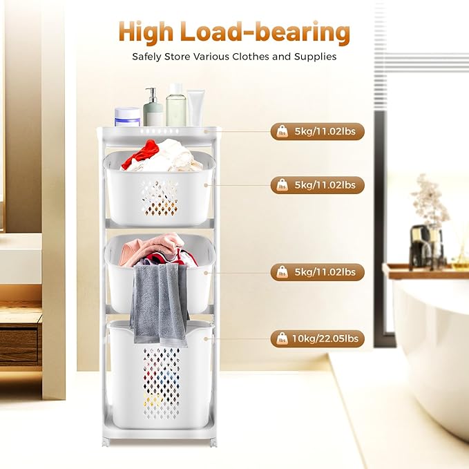 Rolling Laundry Hamper Storage Sorter, 3 Tier Rolling Laundry Hamper Cart White Laundry Baskets with Wheels for Kitchens Bathrooms Bedrooms Classrooms Laundry Rooms