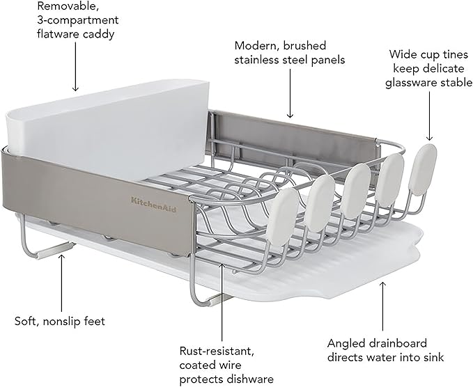 KitchenAid Compact Satin Wire Rust Resistant, Expandable Dish Rack with Angled Self Draining Drainboard with Removable Flatware Caddy, 23.18-Inch, Gray