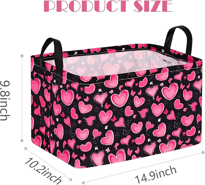 Empty Gift Basket for Girls Heart Print Storage Cube for Women, Closet Shelf Waterproof Organizer Bins with Handles Nursery hamper Kids Toys Books Box Room Deco