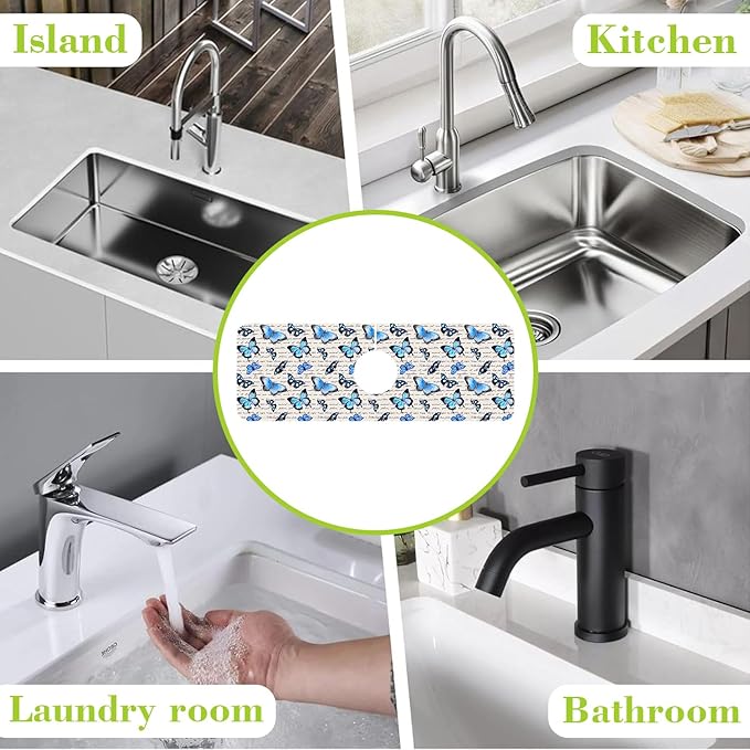 Sink Splash Guard Faucet Mat Watercolor Butterflies Absorbent Fast Drying Mat Sink Gadgets Splash Guard Behind Faucet Drip Catcher for Kitchen Bathroom 15.5"X5.5"