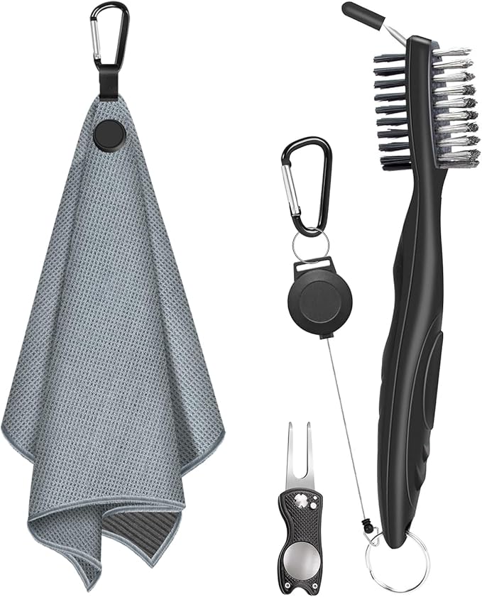 3 PCS Magnetic Golf Towels with Brush and Divot Tool, Microfiber Golf Towel with Wire Cleaning Cloth for Men, Industrial Strength Magnet for Strong Hold to Golf Bags, Carts or Clubs (3 Pack Gray)