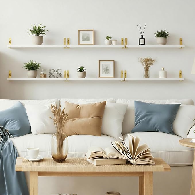 YGEOMER 23.6 Inch Floating Shelves for Wall, Farmhouse Wall Shelves for Bedroom, Bathroom Storage, Living Room and Kitchen Decor (Set of 6 White)
