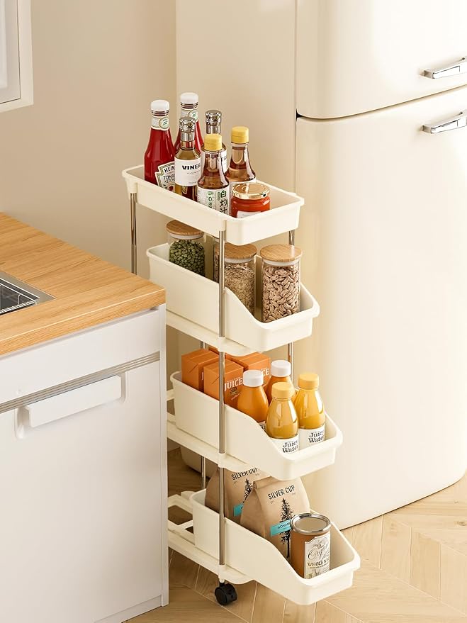 Slim Storage Cart 4 Tier Slim Rolling Utility Cart with Pull-Out Baskets & Wheels for Narrow Space in Kitchen Dining Room Bathroom Laundry Room Cream White (Width 6.3 Inches)