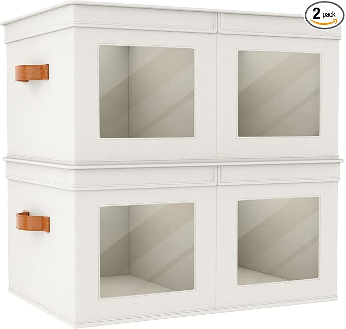 Univivi Large Storage Boxes with Lids, Collapsible Foldable Storage Bins for Clothes, [2-Pack] Fabric Storage Cubes with Handles, Closet Organizers for Home, Bedroom (Beige, 24” x 17” x 12")