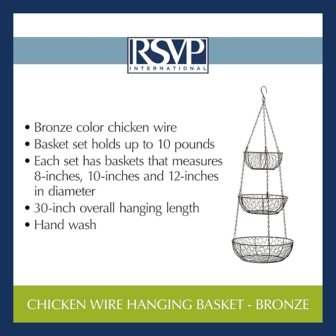 RSVP International Hanging Storage Collection 3-Tier Baskets, Bronze Chicken Wire