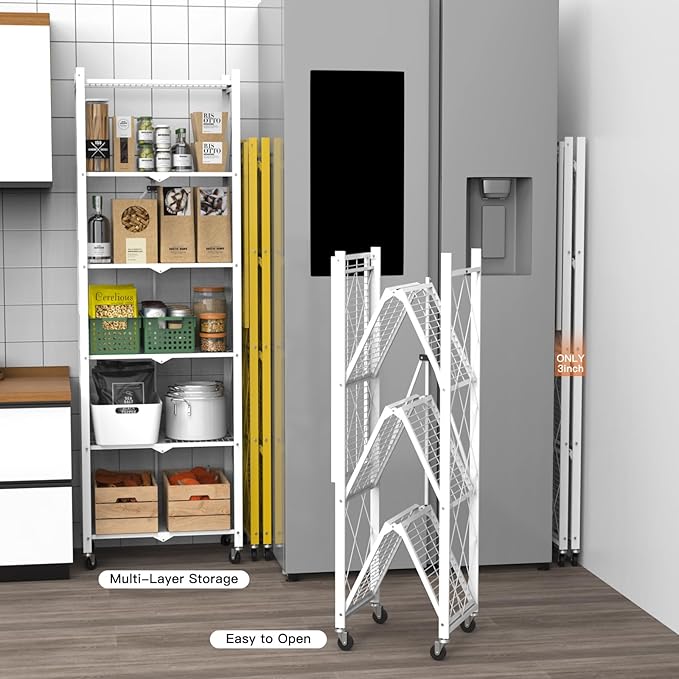 5 Tier Foldable Metal Storage Shelf with Wheels, 500 LBS Heavy Duty Collapsible Wire Shelving Unit, Rolling Utility Rack Cube Bookshelf for Kitchen Pantry Office Garage, 64" x 13" x 27" Gold