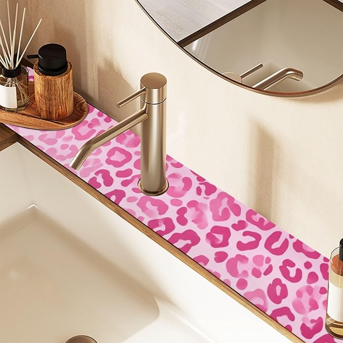 Kitchen Sink Splash Guard 1 PC 30 Inch Sink Faucet Mat Splash Guard for Bathroom Countertop Water Absorbent Foldable Cuttable Soft Washable Gradient Pink Leopard Print