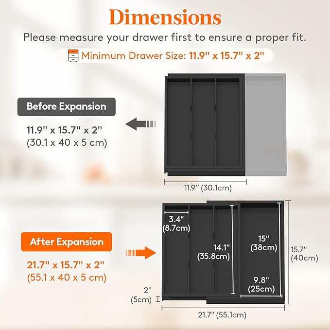 Lifewit Utensil Organizer for Kitchen Drawer, Expandable Cooking Utensil Tray, Cutlery Silverware Flatware Holder, Wood Adjustable Spatula Tools Storage Divider, 30-55 x 40cm, Black