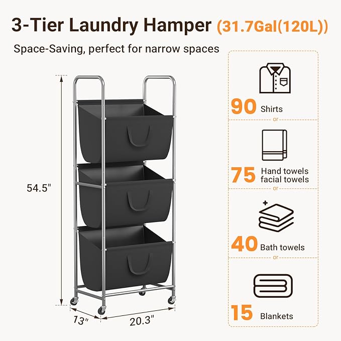 ELYKEN 120L Vertical Rolling Laundry Hamper with Removable Bags, 3 Section Laundry Baskets with Wheels, Space-Saving 3 Tier Laundry Sorter for Small Spaces, Dorm, Bedroom, Bathroom, Laundry Room