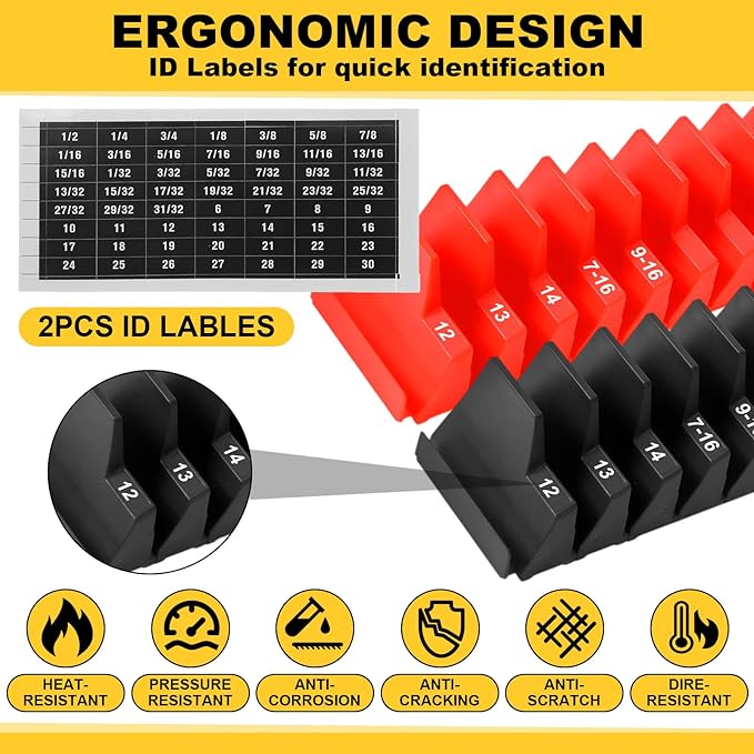 Chunful 100 Pcs Modular Wrench Organizer Holder Wrench Tool Organizers Storage Racks Set with Metric & SAE Label for Tool Box Drawer Storage for Father Brother Professional Mechanics Men (Black,Red)
