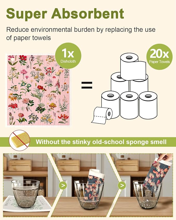 8 Pack Reusable Kitchen Swedish Dishcloths for Washing Dishes - Absorbent Fast Drying Cleaning Sponge with Cute Flower Design - Washable Decor Cloths