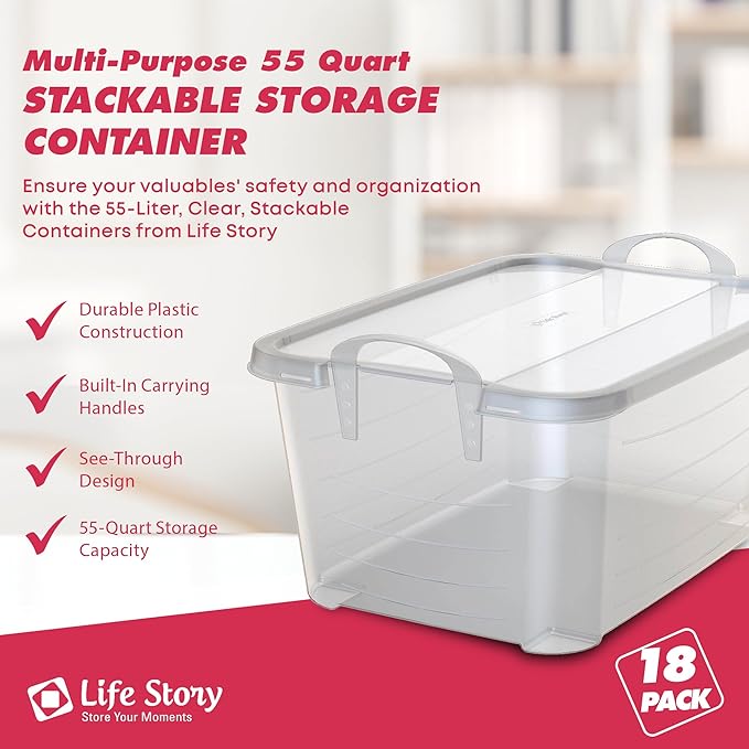 Life Story 18 Pack Light Duty Stackable Storage Bin, 55 Quart Home Organizer, Versatile Lightweight Locking Bins with Carrying Handles, Clear