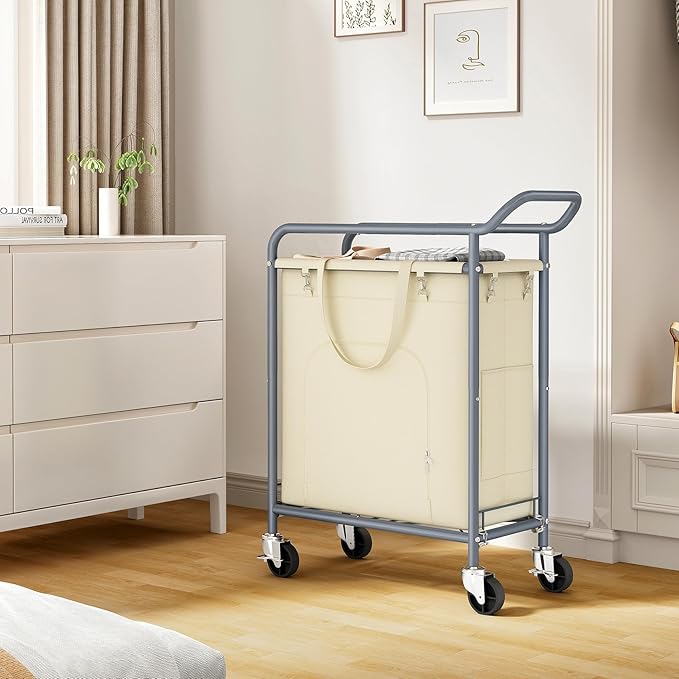 Laundry Basket with Wheels,114L Large Rolling Laundry Hamper, Heavy-Duty Laundry Cart Sturdy Metal Frame with Handle, Minimizes Bending Easy Access Clothing for Bedroom, Bathroom, Laundry Room (Beige)