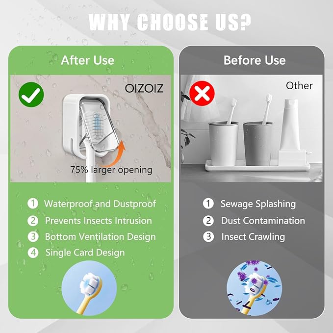 OIZOIZ 2 Pack Mini Toothbrush Holder Wall Mounted with Cover, Single Slot Toothbrush Storage Organizer for Shower, Compact Toothbrush Holders for Bathroom & Travel, Ideal for Family Tooth Brushes