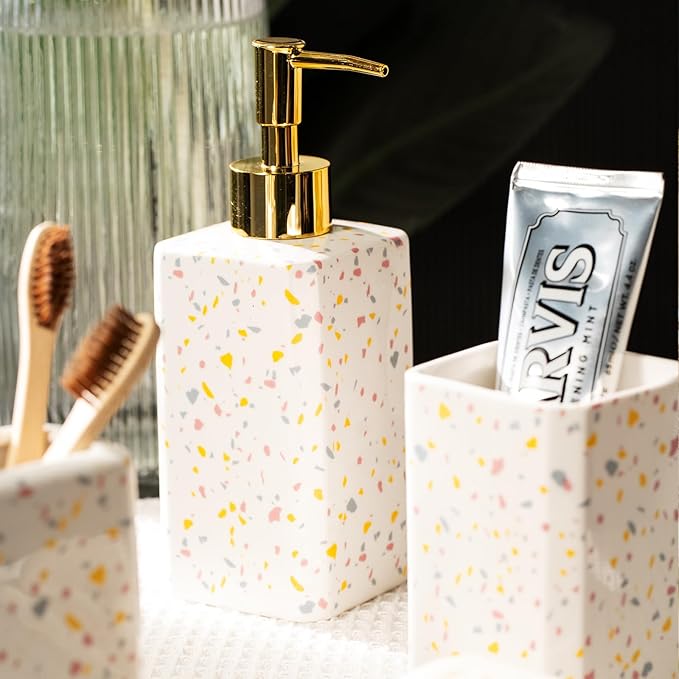 4 Piece Bathroom Accessories Set - Modern Terrazzo Pattern Includes Lotion Dispenser, Toothbrush Holder Tumbler, and Soap Dish - Glossy Finish