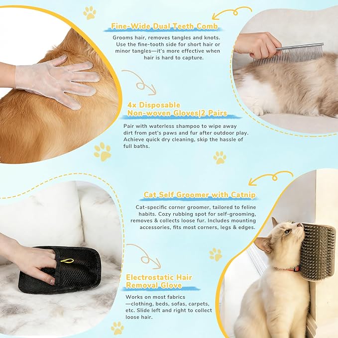 Pet Spray Brush for Cat & Dog, Hair Health & Grooming Set Includes 100ml Waterless Shampoo, Nail Clippers, Toothbrush, Comb, Cat Scratcher with Catnip, Disposable Cleaning Supplies, Gift-Set