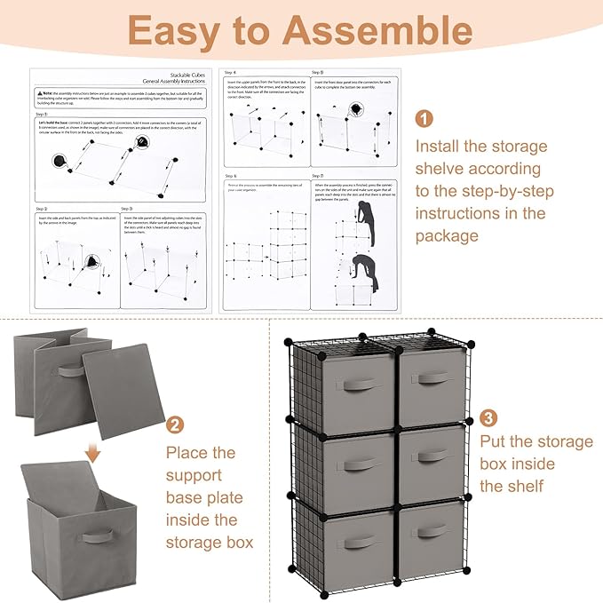 Leinuosen 6 Cube Storage Organizer with Fabric Bins, Wire Grid Stackable Shelves, Drawer Closet Organizer, Modular Storage Units for Bedroom Living Room Office Clothes Toys Crafts(Black,Gray)