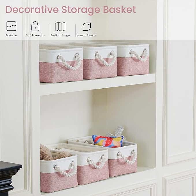 Storage Baskets for Shelves 11.8x7.9x5.2 Inch, Foldable Fabric Storage Bins with Handles, Small Storage Baskets for Organizing Closet, Office, Home Organization (6-Pack, White&Pink)