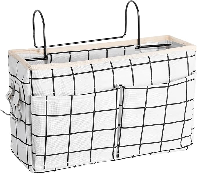 Bedside Caddy Organizer Hanging Storage Basket with Large Pockets & Hooks, Heavy-Duty Canvas Bedside Organizer for Bunk Beds, Dorm Rooms, Hospital Beds & Small Spaces (White Grid Pattern)