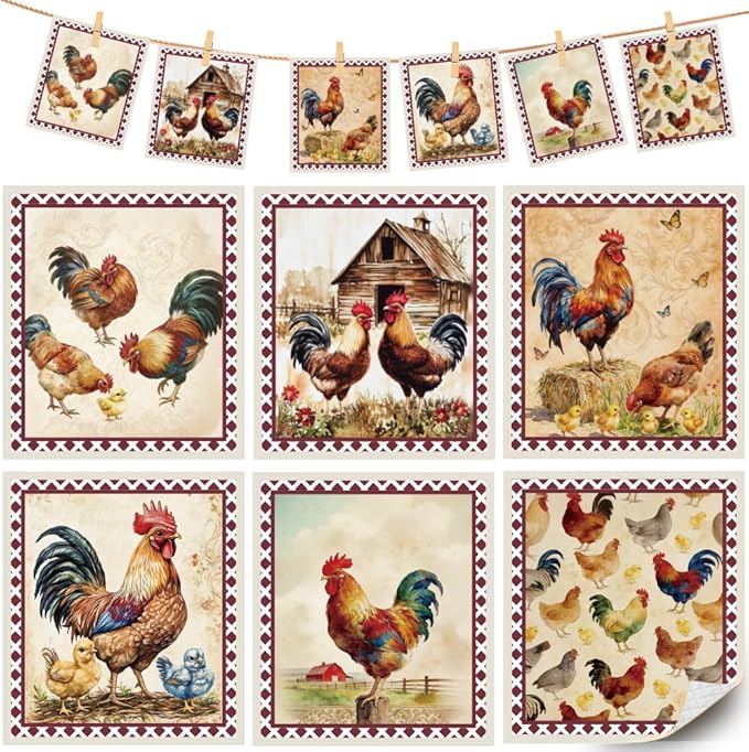 6Pcs 6 Styles Swedish Dish Cloths for Kitchen Reusable Quick Drying Sponge 7.7 x 6.8 Inch Rooster Chicken Dish Cloths Biodegradable Absorbent Towels for Home Office Countertop Tableware Use