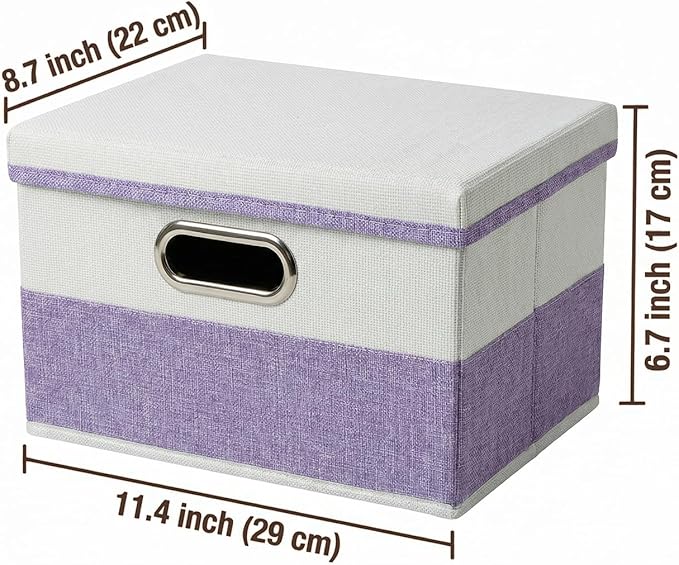PRANDOM Storage Bins with Lids [3-Pack] Linen Fabric Foldable Storage Boxes Organizer Containers Baskets Cube with Cover for Bedroom Closet Office Purple&White（11.4X8.6X6.7