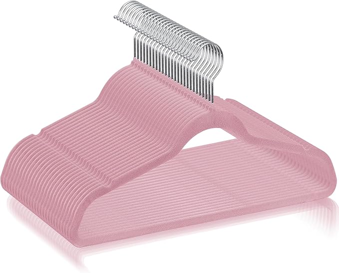 Velvet Hangers 100 Pack, Non-Slip Suit Clothes Hangers with 360 Degree Swivel Hook for Space Saving, Coats, Pants, Pink
