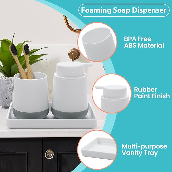 White Bathroom Countertop Accessories Set - Soap Dispenser and Toothbrush Holder with Silicone Boot,Vanity Tray (White Foam)