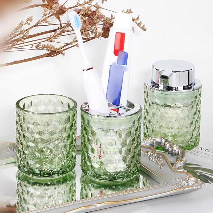 Bathroom Accessories Set, 3pcs Green Glass Bathroom Accessory Set,Toothbrush Holder, Foaming Soap Dispenser and Tumbler, Silver Bathroom Decor Sets for Organizer, Home Apartment Gift