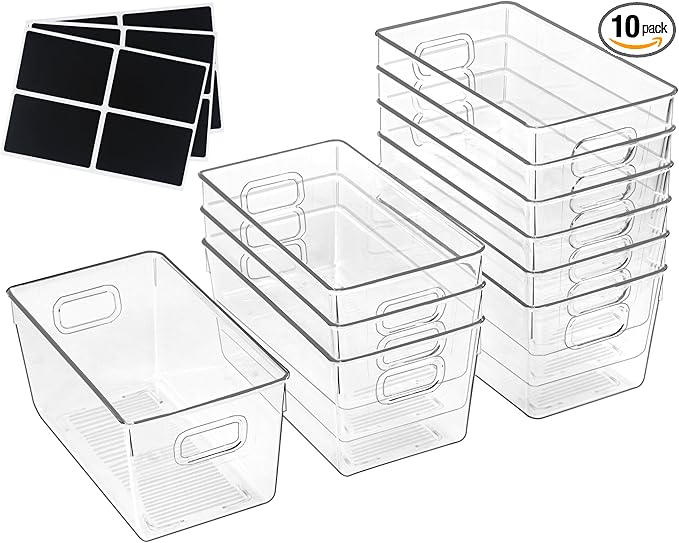 10 PACK Clear Storage Bins Clear Storage Containers for Kitchen Pantry Organization, Organizing Bins with Built in Handles, Cabinet Organizers