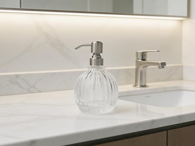 Round Bathroom Soap Dispenser Brushed Nickel Pump, Glass Bottle with Stainless Steel Pump Liquid Soap Dispenser Sphere Countertop Hand Kitchen