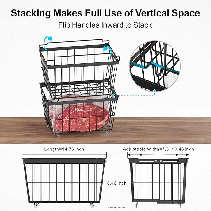 iSPECLE Freezer Organizer Bins - 4 Pack Adjustable Width for 5 to 7 Cu.Ft Chest Freezers, Stackable Freezer Wire Storage Baskets for Deep Freezer Organization, Assembly Required, Black