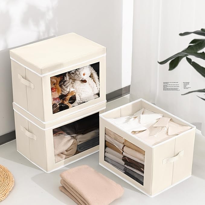 Storage Bins with Lids, 3 Pack Large Storage Cubes with Window, Closet Bins with Lids & Handles, Fabric Box for Organizing Clothes, Towels, Books, Beige