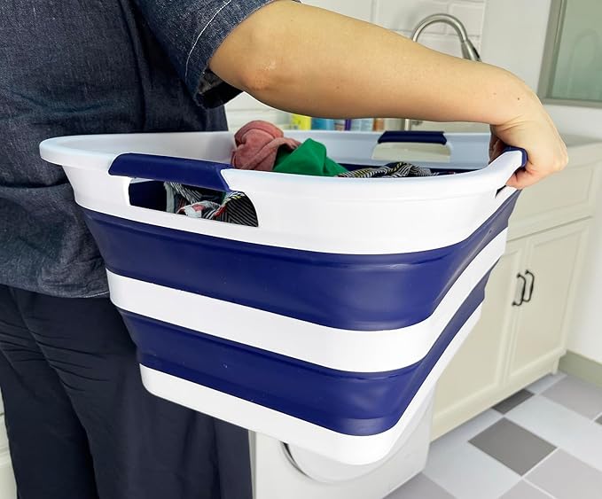 SAMMART 42 (11 Gallons) Collapsible Plastic Laundry Basket, Foldable Pop Up Storage Container/Organizer, Space Saving Hamper, Portable Bin for Dorm Room Bathroom (1, White/Starry Blue)