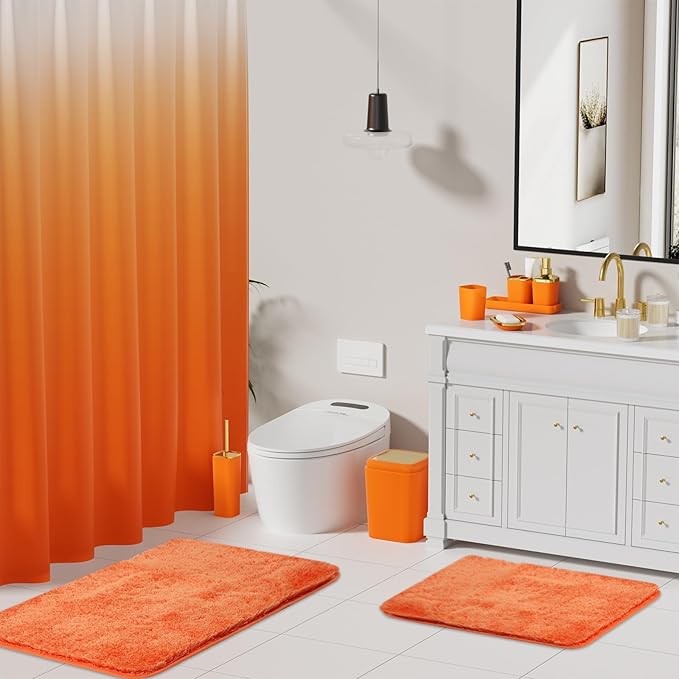 Bathroom Set - Orange Bathroom Sets with Shower Curtain and Rugs, 24PCS Shower Curtain Set with Hooks, Soap Dispenser, Soap Dish, Toilet Brush Holder and Trash Can for Housewarming