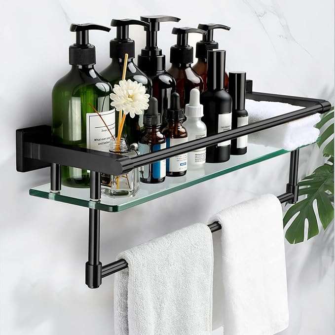 SFGSOWOR 20-inch Glass Shelf with Towel bar, Matte Black-Finished Rail, Rectangular Stainless Steel Shelf, Wall-Mounted Storage Rack