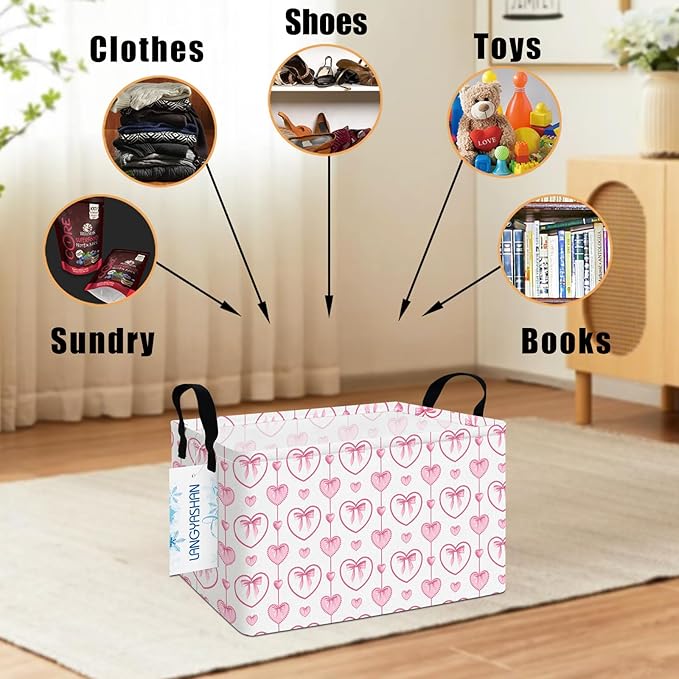 LANGYASHAN Rectangular Storage Bin Collapse Canvas Fabric Cartoon Storage Basket with Handles for Organizing Home Kitchen Boys and Girls Toys Office Closet Shelf Baskets (Rec Pearl Heart)