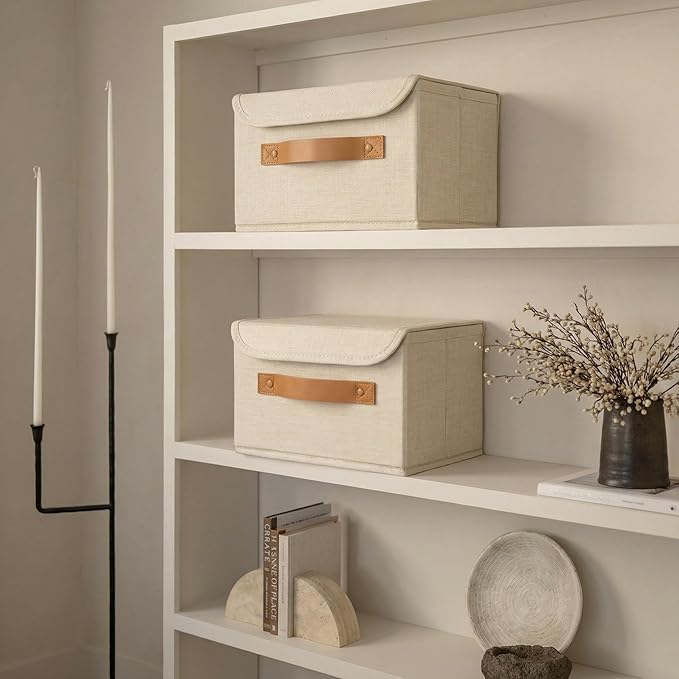 Decorative Linen Storage Boxes with Lids - Spacious Set of 2 Organizer Bins for Your Home Decor - The Perfect Small Container to Safely Store Photos, Documents and Memory Box Keepsakes in Style