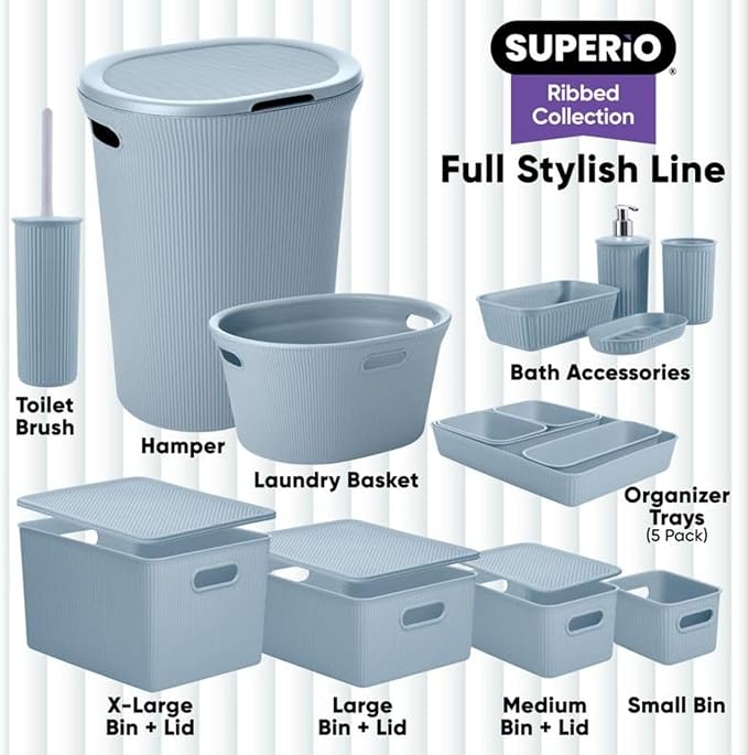 Superio Ribbed Collection - Decorative Plastic Basket Open Home Storage Bins Organizer, Blue Containers for Organizing Closet Storage Bins for Shelves (Bin with Lid- Extra Large (22 Liter), 2 Pack)