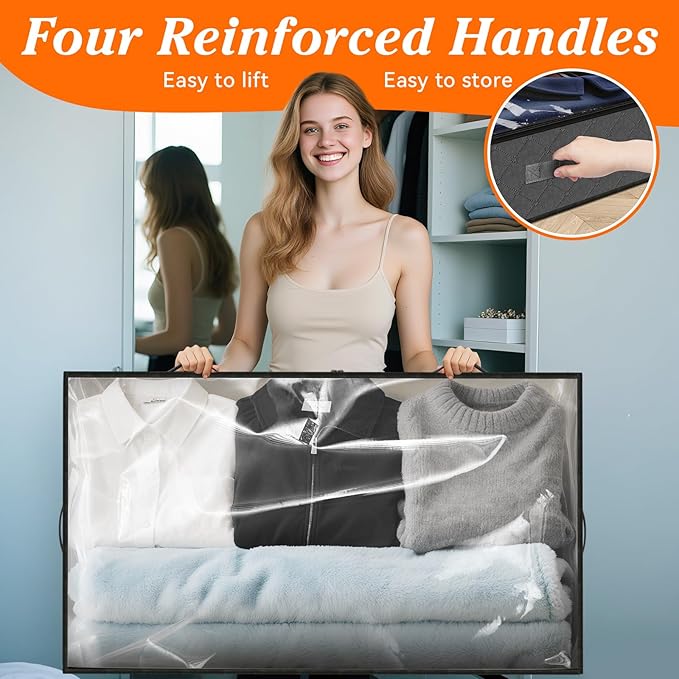SpaceWhisper 90L Under Bed Storage Containers, 4-Pack Storage Bins with Clear Top, Foldable Closet Organizers and Storage with Label Holder for Clothing, Blankets, Comforter & Pillows (Grey)