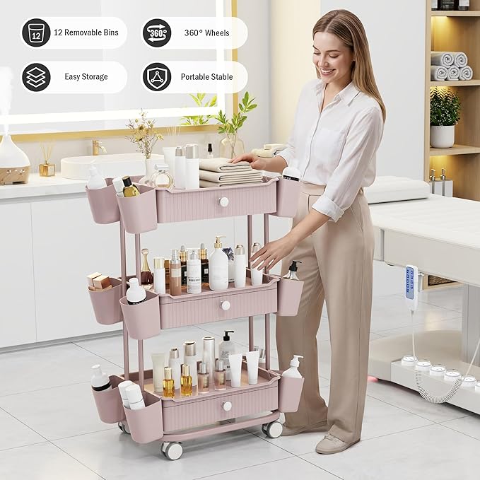 3 Tier Drawer Shelf Beauty Cart with 12 Movable Storage Organizer, Thickened Durable ABS, 360° Wheels for Salon Station for Hair Stylist, Beauty Salon, Spa Massage Parlor, Makeup Organizer - Pink